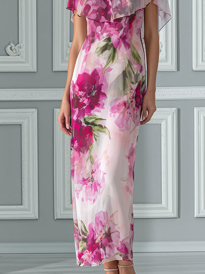 Floral Print Maxi Dress With Flutter Capelet