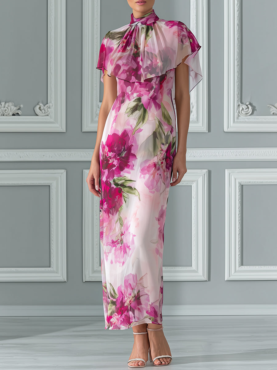 Floral Print Maxi Dress With Flutter Capelet