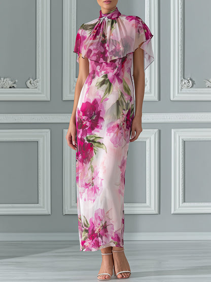 Floral Print Maxi Dress With Flutter Capelet