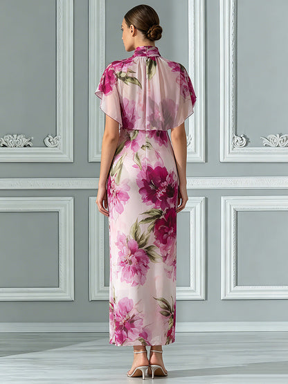 Floral Print Maxi Dress With Flutter Capelet