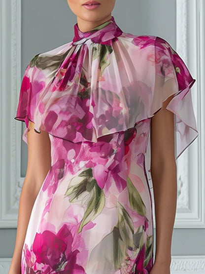 Floral Print Maxi Dress With Flutter Capelet