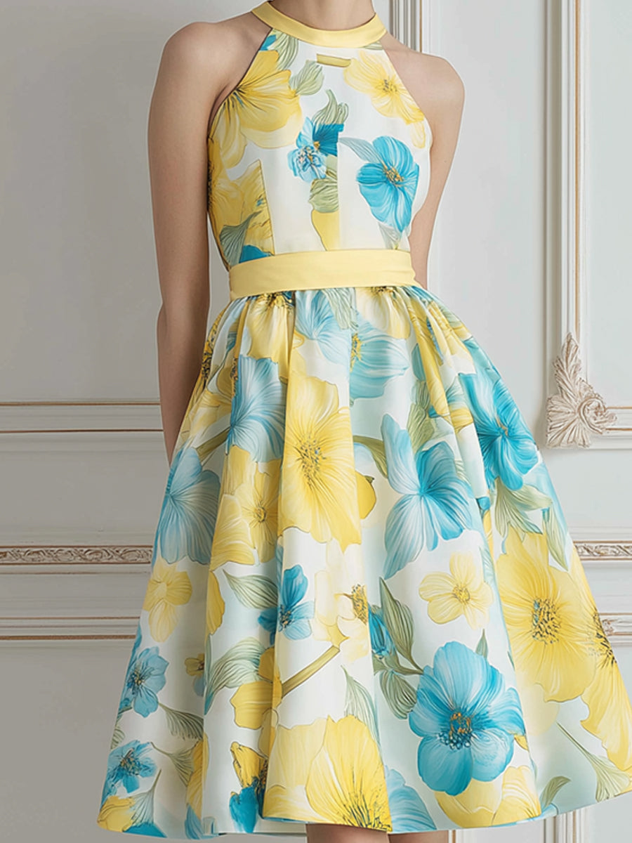 Halter Neck Yellow Blue Floral Print A-Line Midi Dress