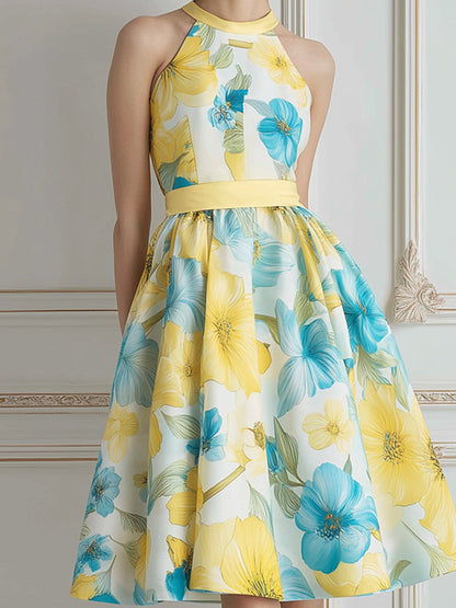 Halter Neck Yellow Blue Floral Print A-Line Midi Dress