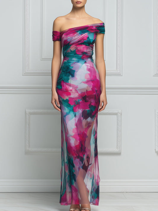 Asymmetric Off-Shoulder Ruched Watercolor Print Bodycon Maxi Dress