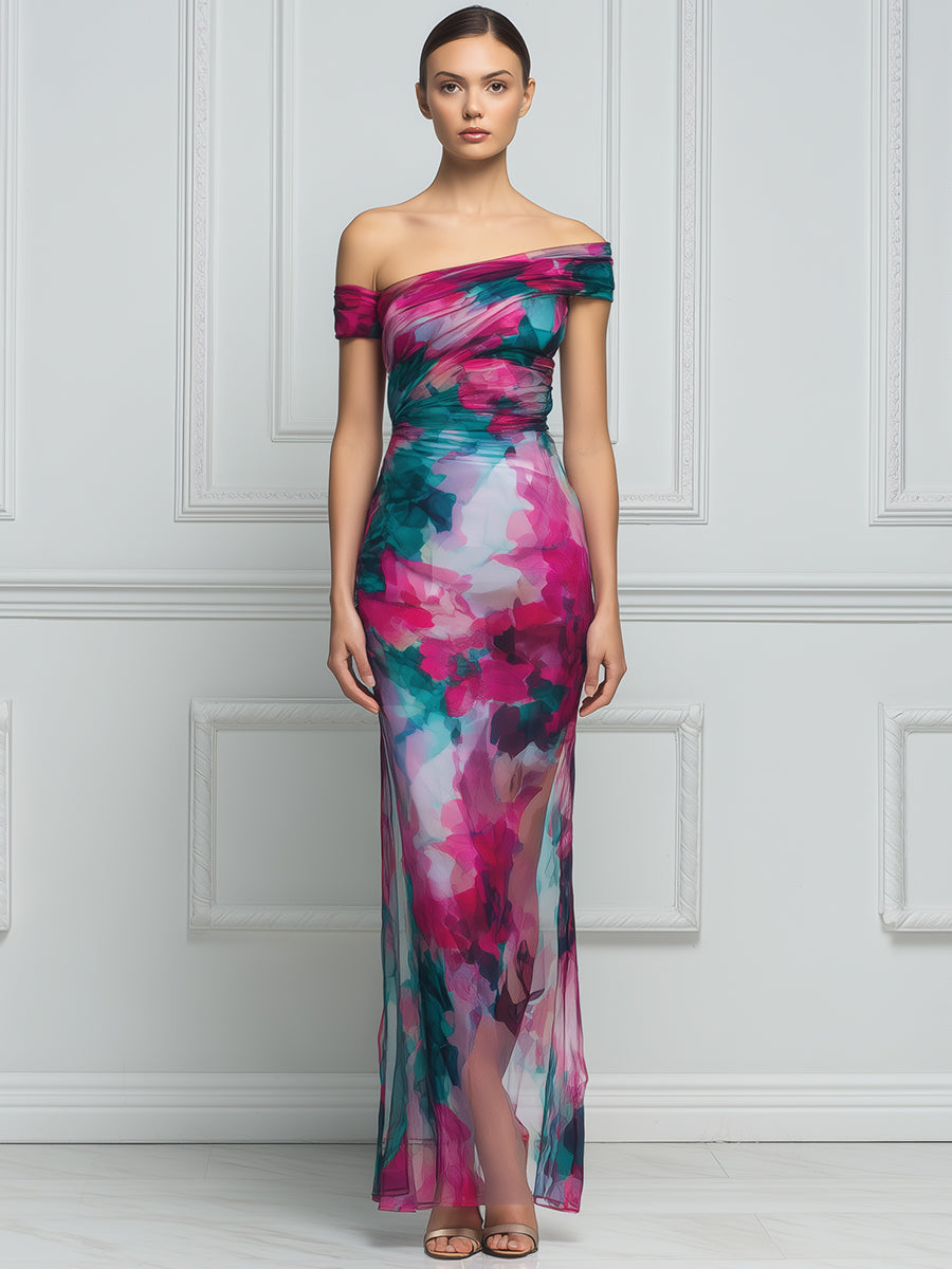 Asymmetric Off-Shoulder Ruched Watercolor Print Bodycon Maxi Dress