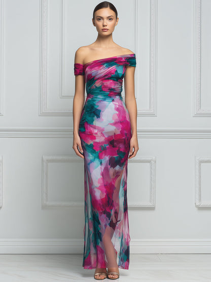 Asymmetric Off-Shoulder Ruched Watercolor Print Bodycon Maxi Dress