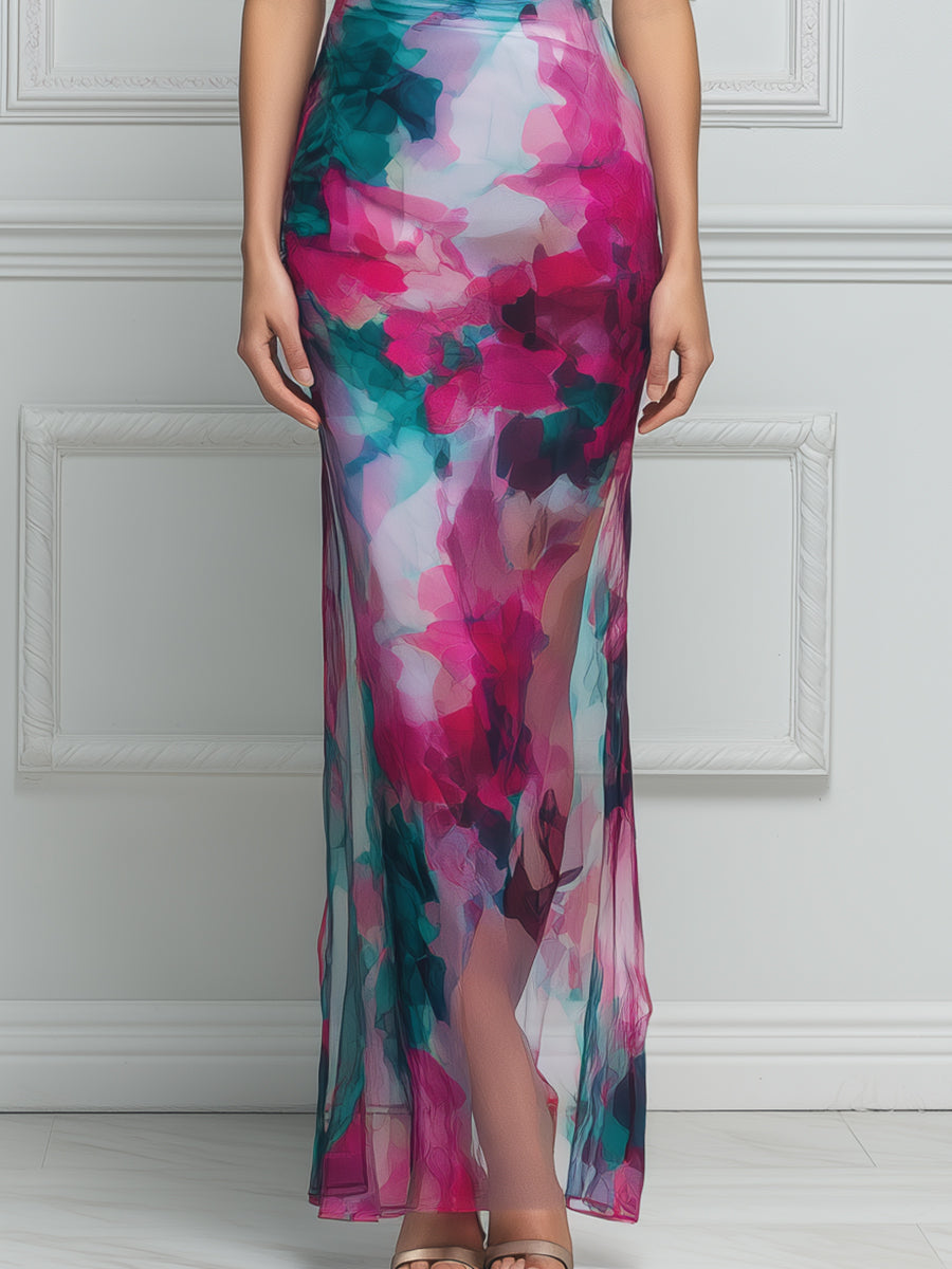 Asymmetric Off-Shoulder Ruched Watercolor Print Bodycon Maxi Dress