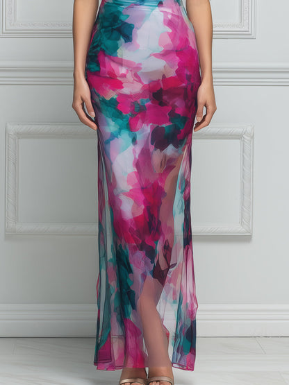 Asymmetric Off-Shoulder Ruched Watercolor Print Bodycon Maxi Dress