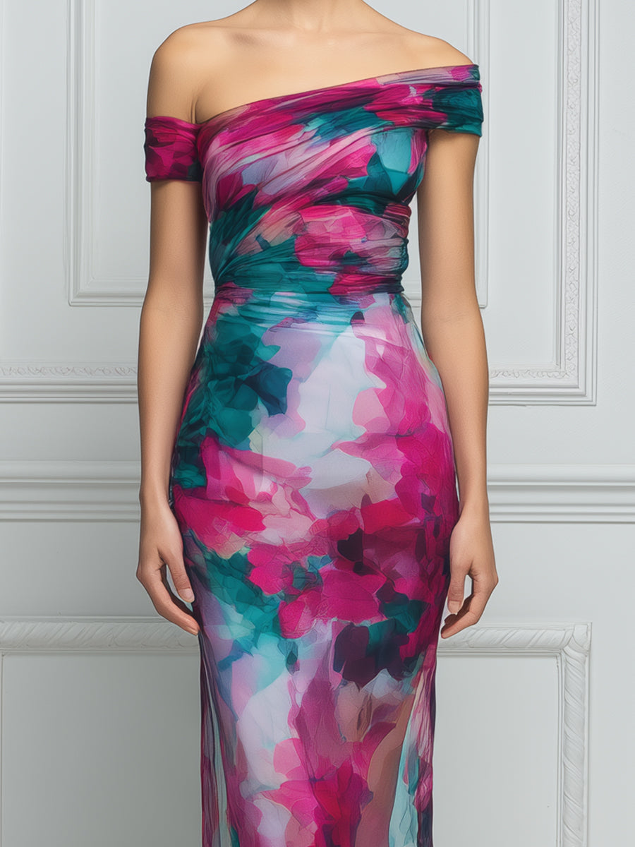 Asymmetric Off-Shoulder Ruched Watercolor Print Bodycon Maxi Dress