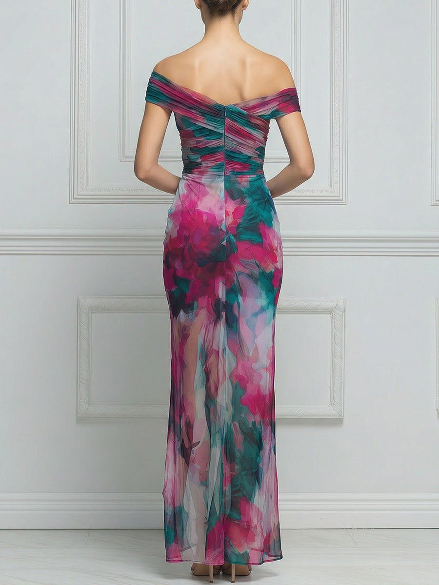 Asymmetric Off-Shoulder Ruched Watercolor Print Bodycon Maxi Dress