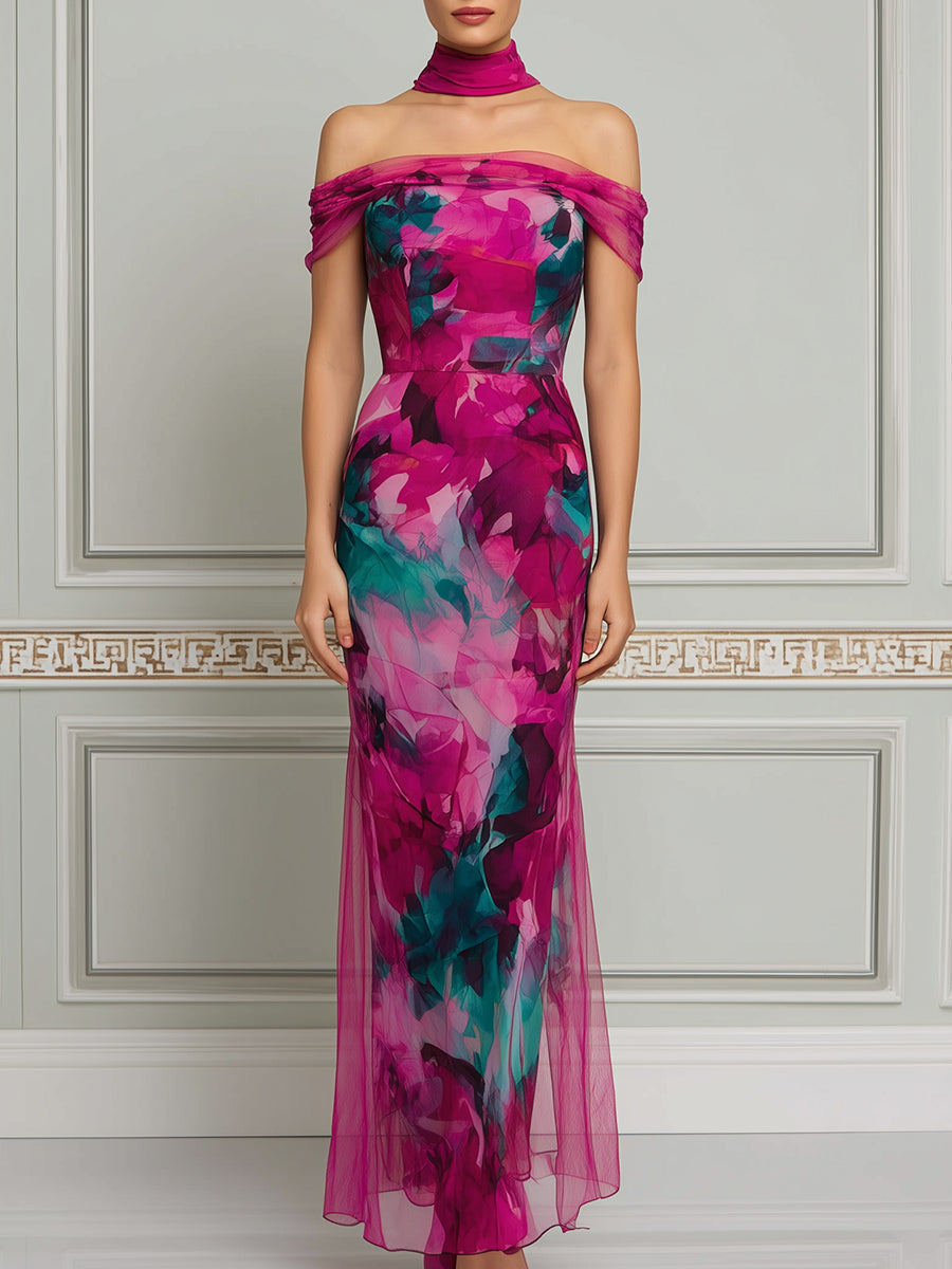 Off-Shoulder Draped Scarf Watercolor Print Bodycon Maxi Dress