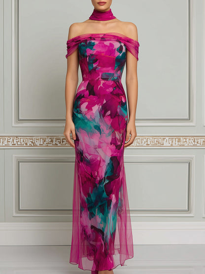 Off-Shoulder Draped Scarf Watercolor Print Bodycon Maxi Dress