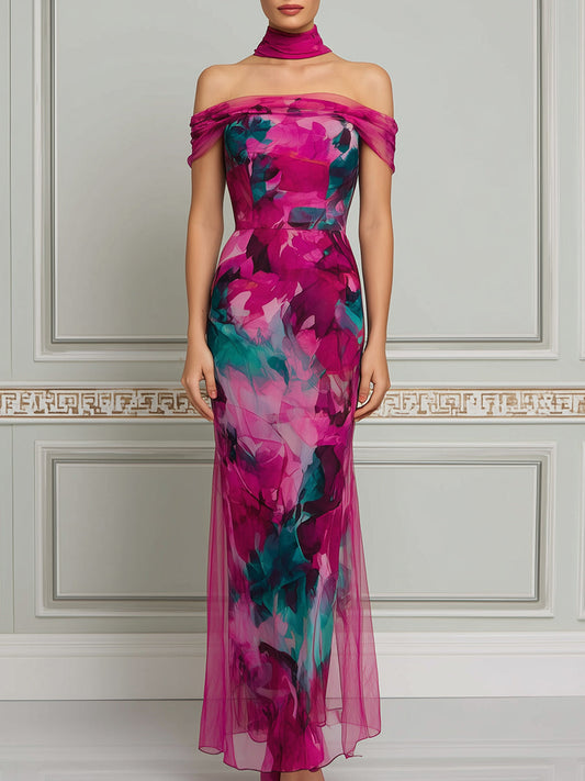 Off-Shoulder Draped Scarf Watercolor Print Bodycon Maxi Dress