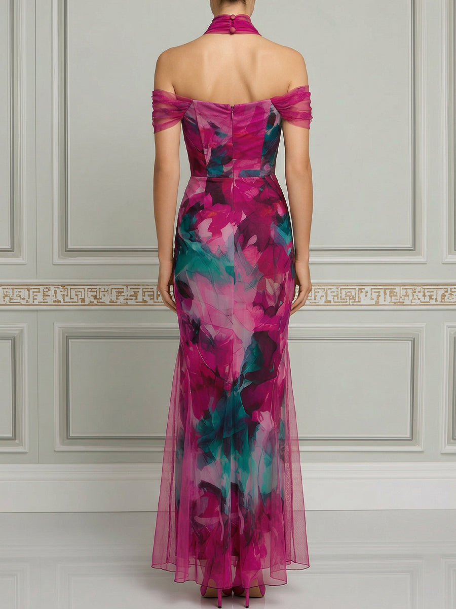 Off-Shoulder Draped Scarf Watercolor Print Bodycon Maxi Dress