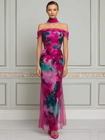Off-Shoulder Draped Scarf Watercolor Print Bodycon Maxi Dress