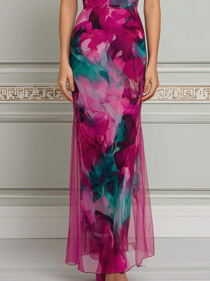 Off-Shoulder Draped Scarf Watercolor Print Bodycon Maxi Dress