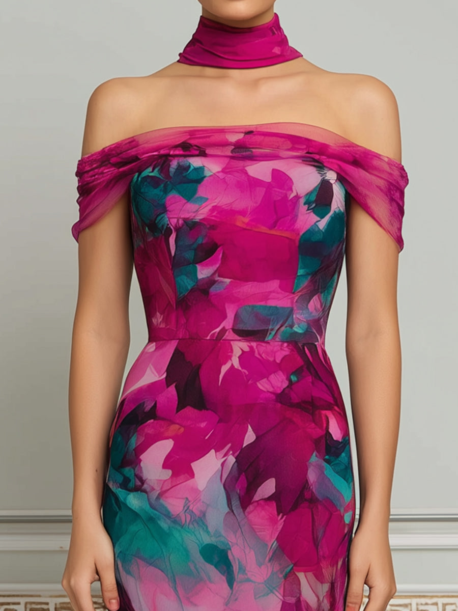 Off-Shoulder Draped Scarf Watercolor Print Bodycon Maxi Dress