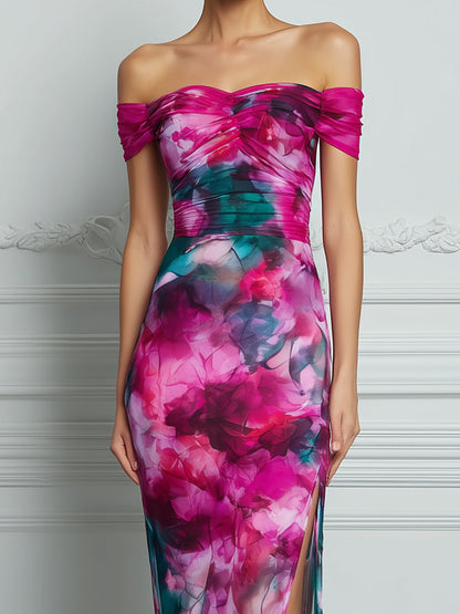 Off-Shoulder Ruched Watercolor Print High-Slit Bodycon Maxi Dress