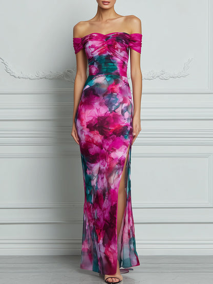 Off-Shoulder Ruched Watercolor Print High-Slit Bodycon Maxi Dress