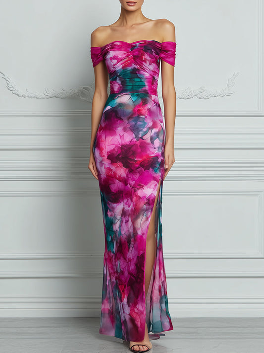 Off-Shoulder Ruched Watercolor Print High-Slit Bodycon Maxi Dress