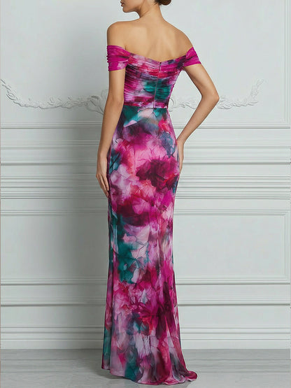 Off-Shoulder Ruched Watercolor Print High-Slit Bodycon Maxi Dress