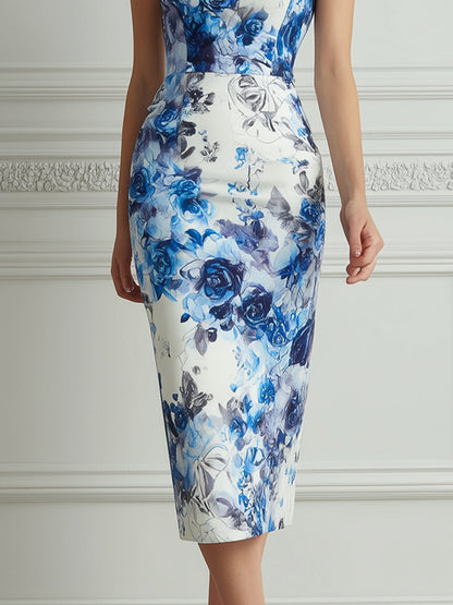 Elegant Blue Watercolor Floral Print Midi Dress