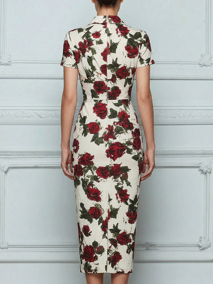 Deep V-Neck Floral Print Tailored Sheath Midi Dress