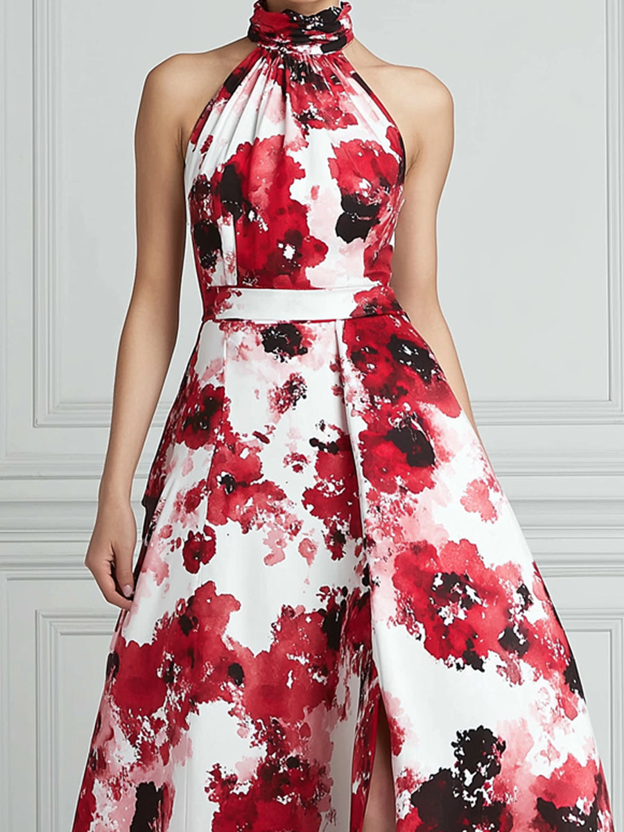 Elegant Halter Neck Watercolor Floral Print A-Line Maxi Dress