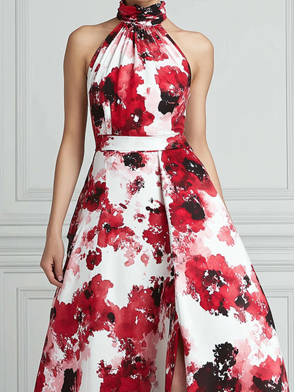 Elegant Halter Neck Watercolor Floral Print A-Line Maxi Dress