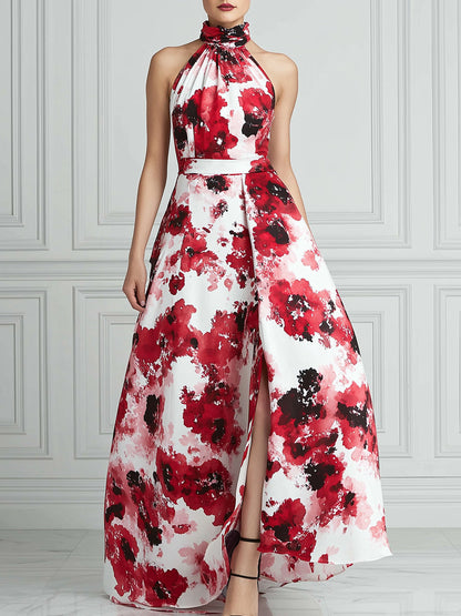Elegant Halter Neck Watercolor Floral Print A-Line Maxi Dress