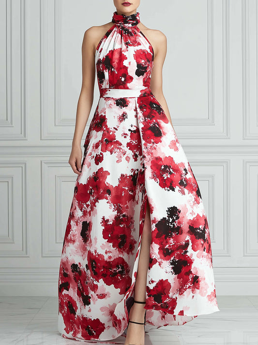 Elegant Halter Neck Watercolor Floral Print A-Line Maxi Dress