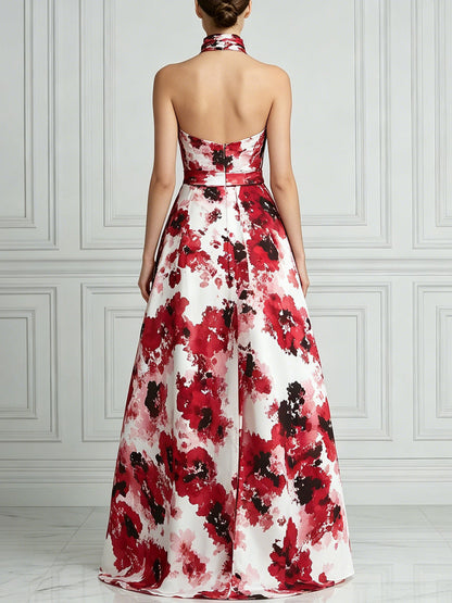 Elegant Halter Neck Watercolor Floral Print A-Line Maxi Dress