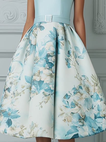 Elegant Boat Neck Cap Sleeve A-Line Midi Dress