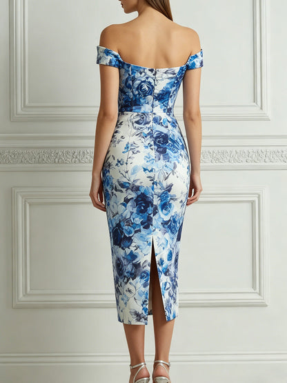 Elegant Blue Watercolor Floral Print Midi Dress