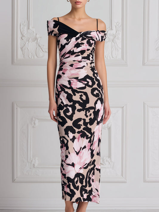 Off-the-Shoulder Abstract Floral Print Ruched Midi Dress