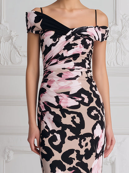 Off-the-Shoulder Abstract Floral Print Ruched Midi Dress