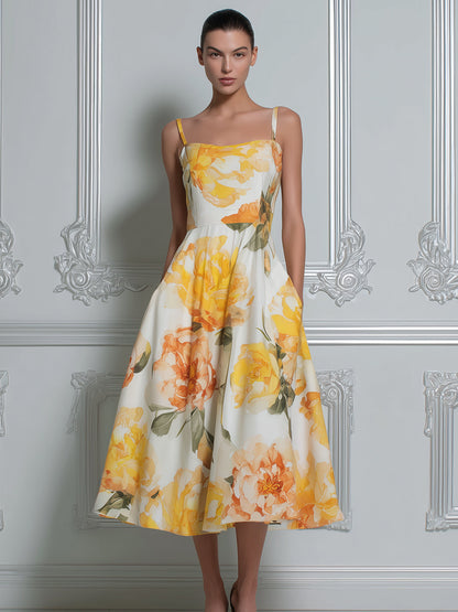 Sunny Yellow Peony Print Spaghetti Strap A-Line Midi Dress