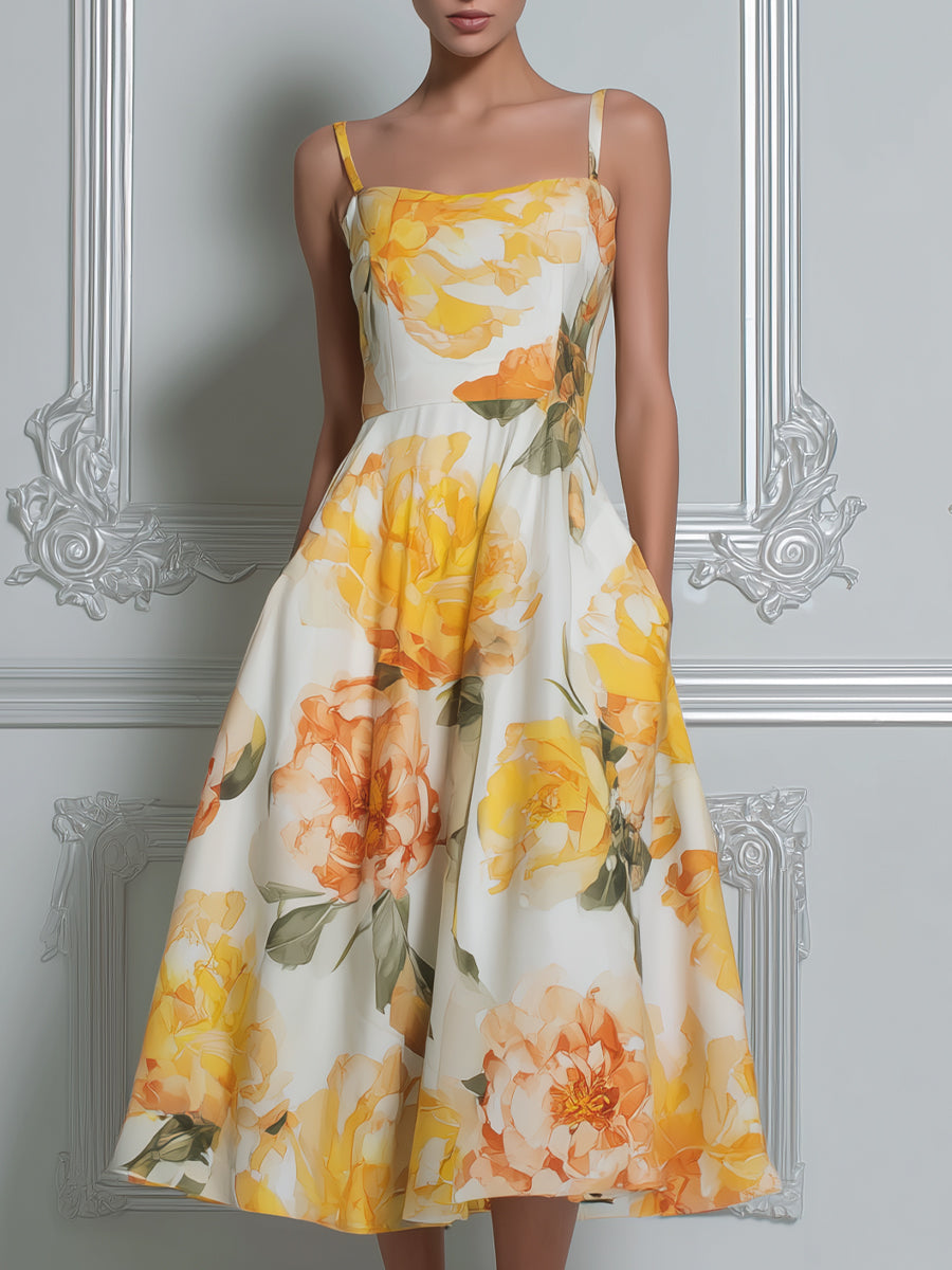 Sunny Yellow Peony Print Spaghetti Strap A-Line Midi Dress