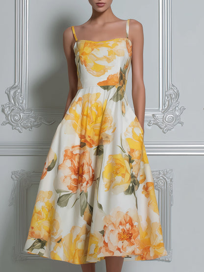 Sunny Yellow Peony Print Spaghetti Strap A-Line Midi Dress