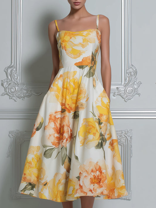 Sunny Yellow Peony Print Spaghetti Strap A-Line Midi Dress