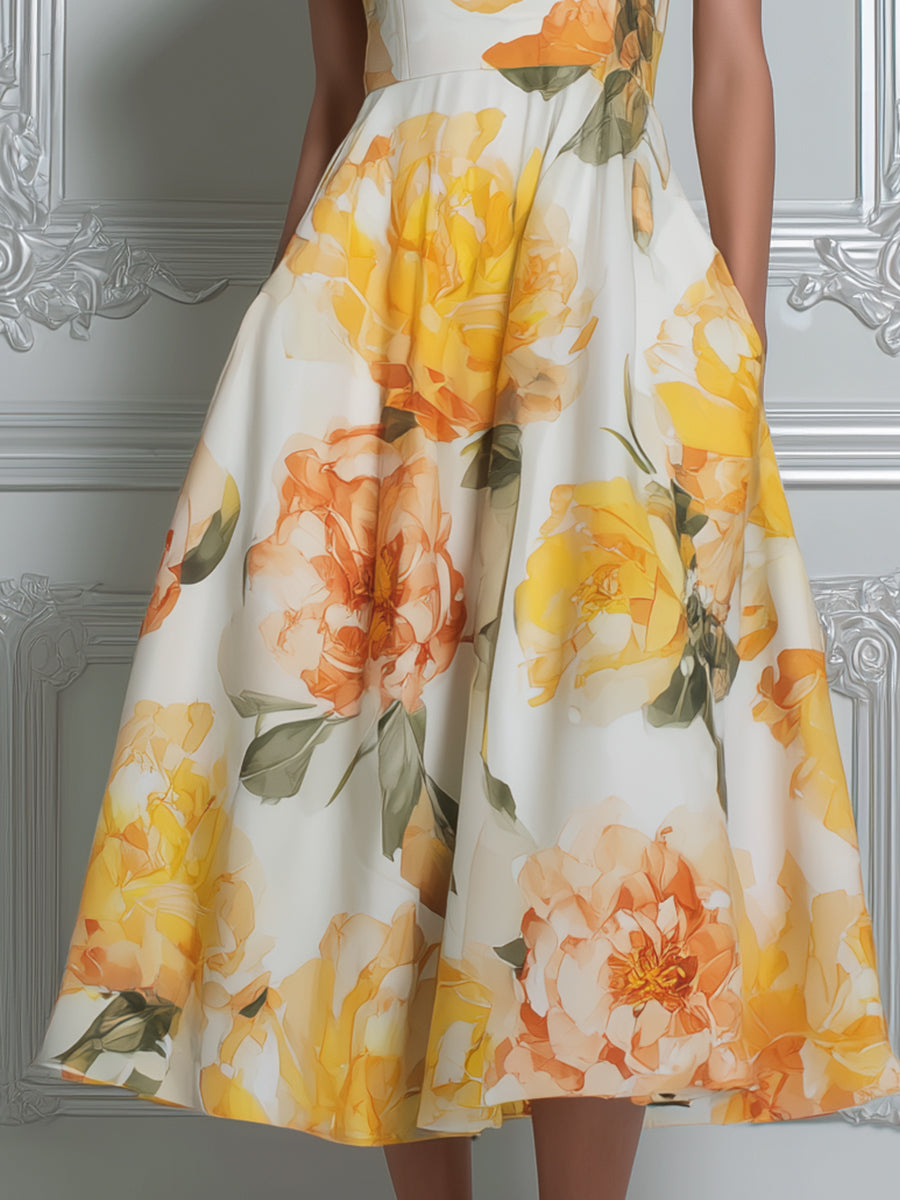 Sunny Yellow Peony Print Spaghetti Strap A-Line Midi Dress