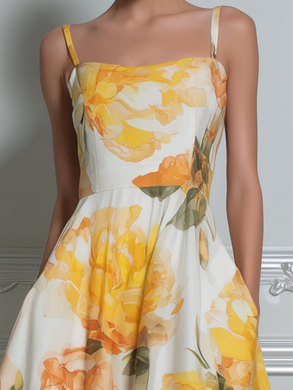 Sunny Yellow Peony Print Spaghetti Strap A-Line Midi Dress