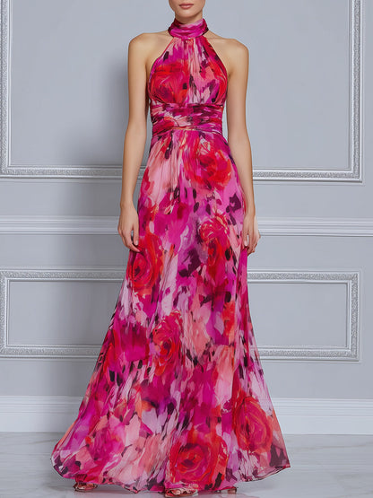Vibrant Rose Print Halter Neck Flowy Maxi Dress