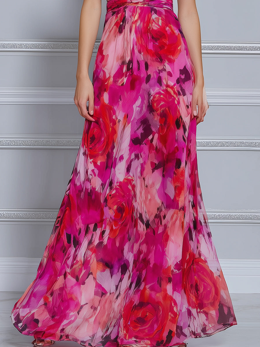 Vibrant Rose Print Halter Neck Flowy Maxi Dress