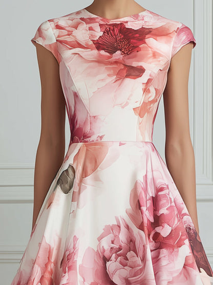 Elegant Watercolor Floral Cap Sleeve Midi Dress