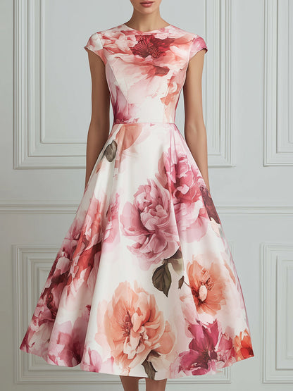 Elegant Watercolor Floral Cap Sleeve Midi Dress