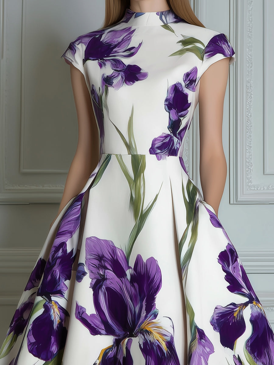Elegant Purple Iris Print Cap Sleeve Midi Dress