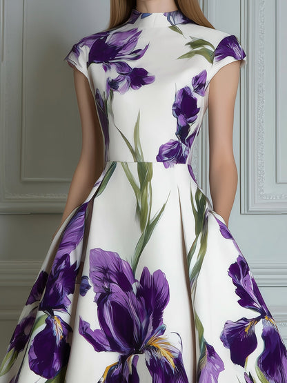 Elegant Purple Iris Print Cap Sleeve Midi Dress