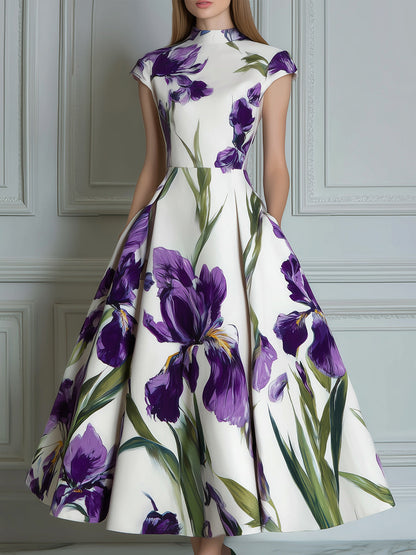 Elegant Purple Iris Print Cap Sleeve Midi Dress
