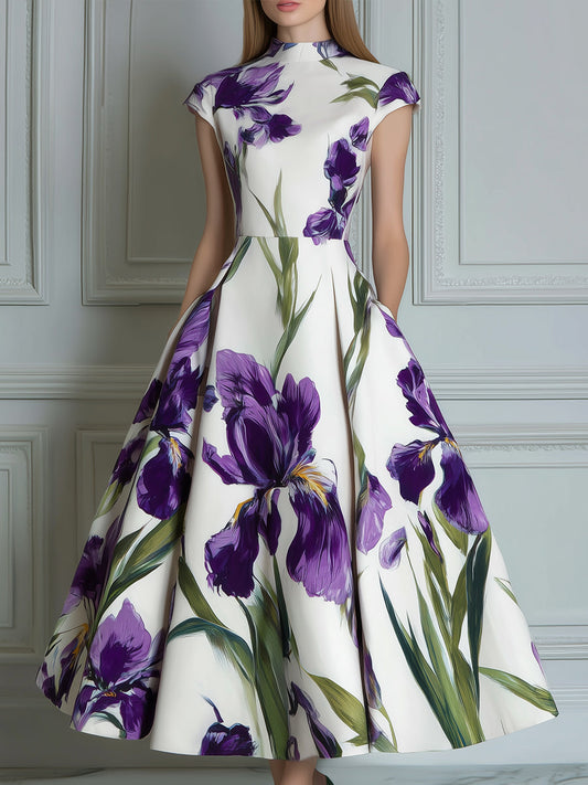 Elegant Purple Iris Print Cap Sleeve Midi Dress